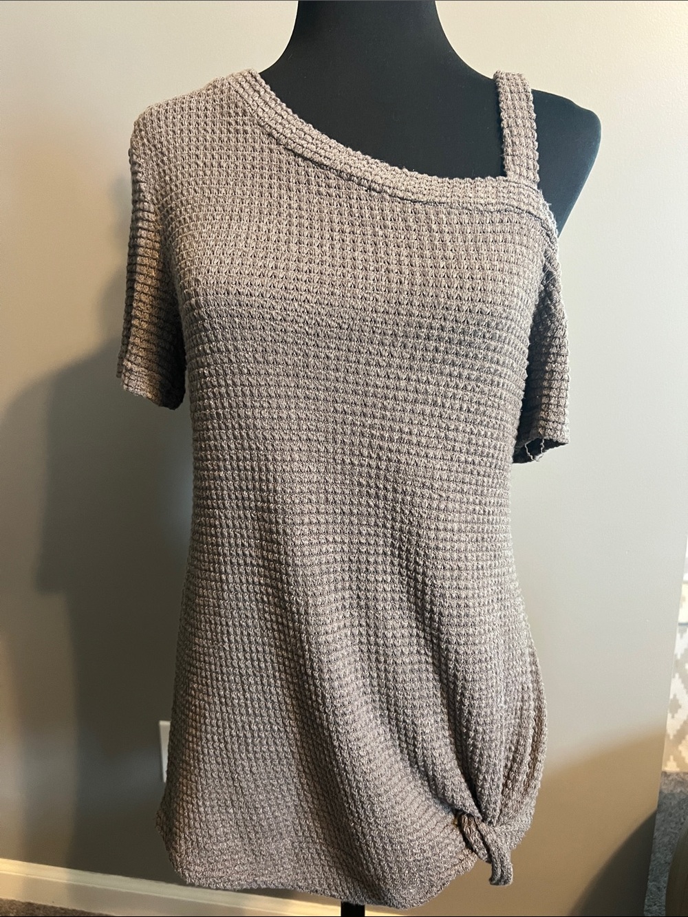 Neutral Taupe One-Shoulder Knit Sweater SZ S